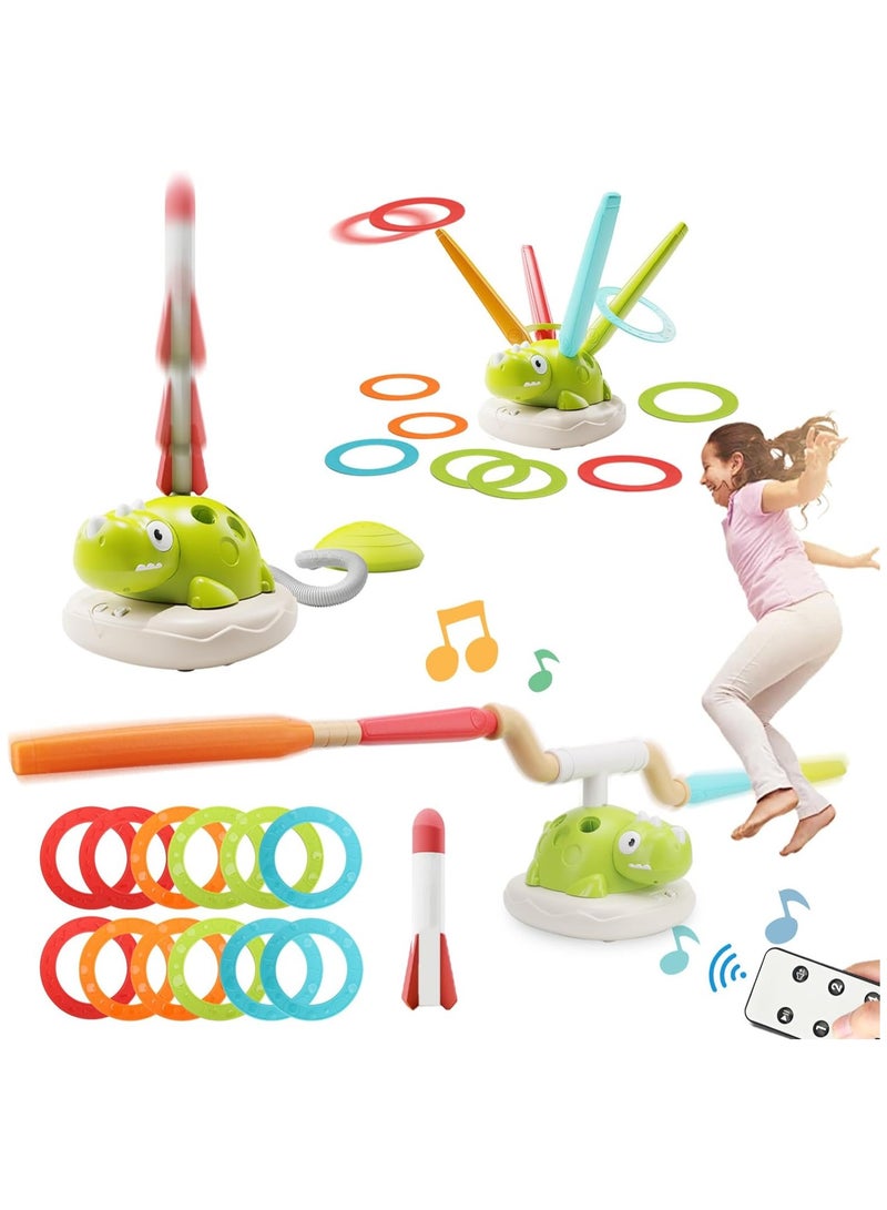 آلة رياضية على شكل ديناصور 3 في 1 للأطفال، حبل قفز، رمي الحلقات وصاروخ السماء، ألعاب تدريب حسية للأطفال، لعبة تفاعلية ممتعة داخلية وخارجية للأعمار من 3 سنوات فما فوق - Image 1